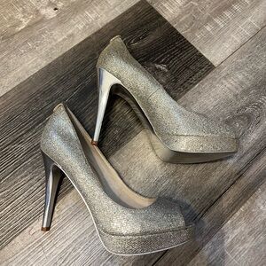 Michael Kors Silver Glitter Peep-Toe Platform Heels